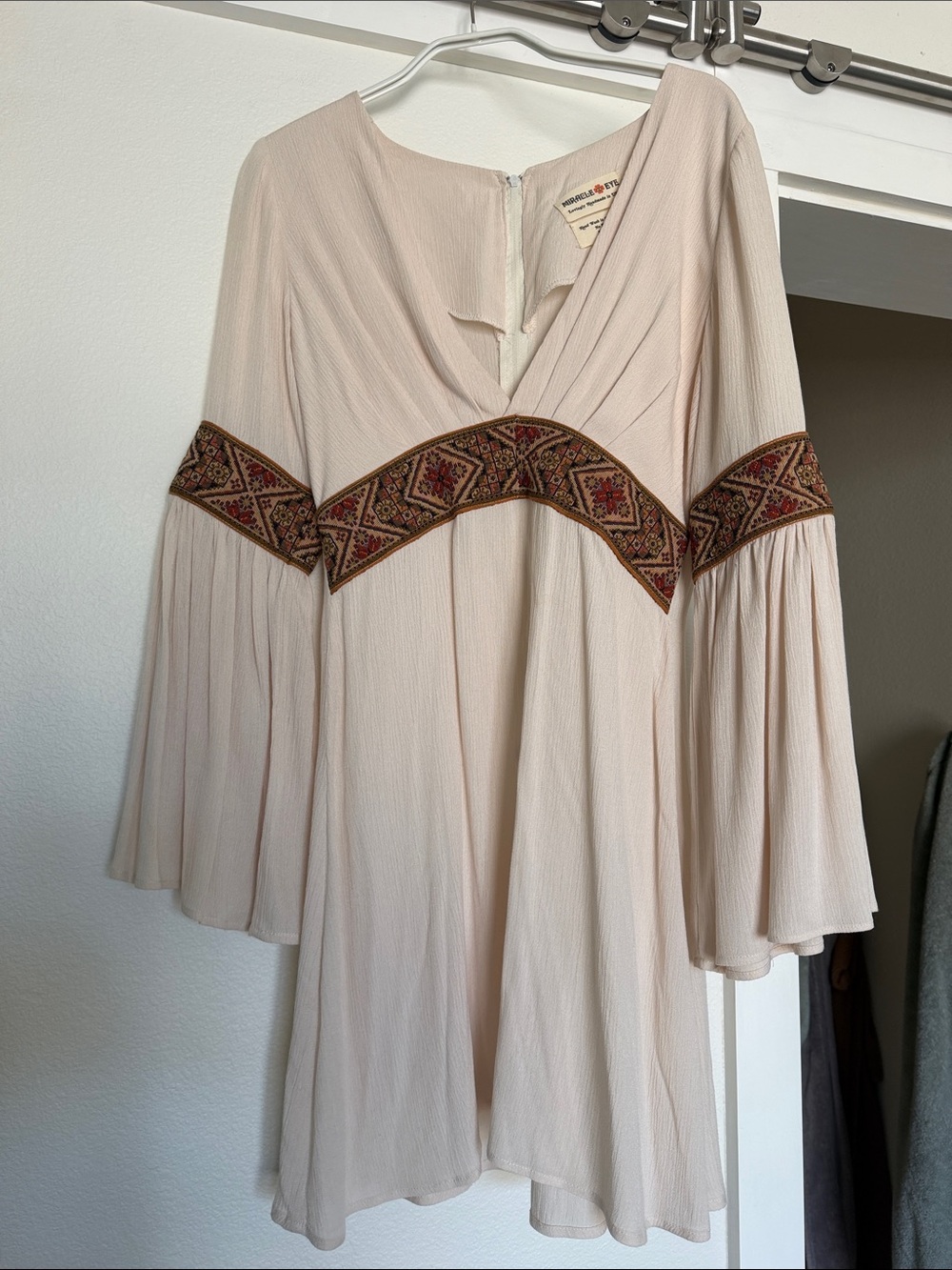 Boho Cream Embroidered Bell-Sleeve Mini Dress
